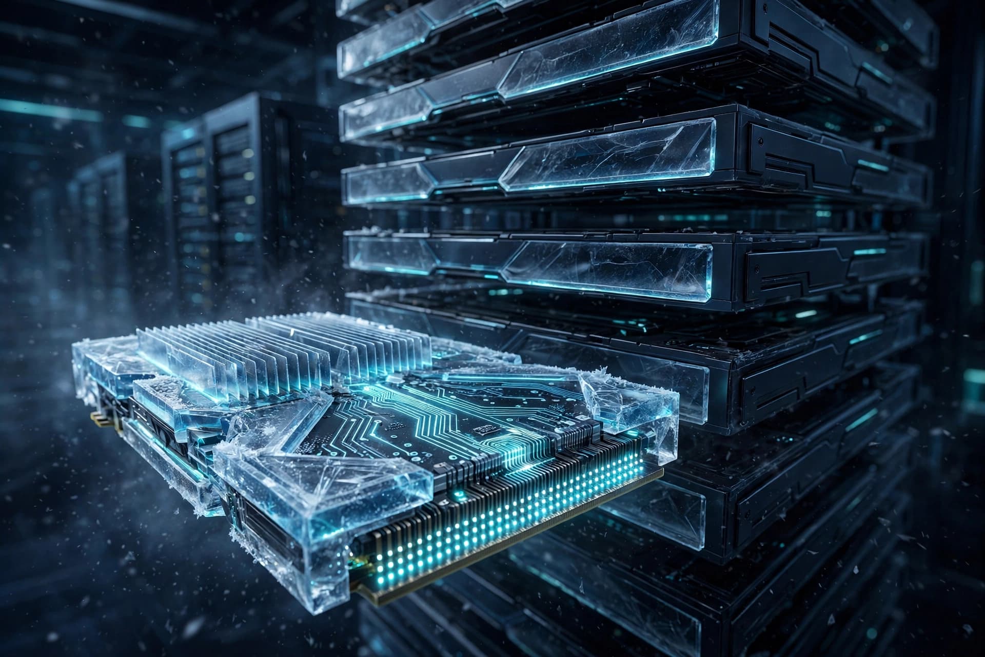A frosted ice-blue GPU server module sliding out of a rack in a dark data hall with cyan circuit glow