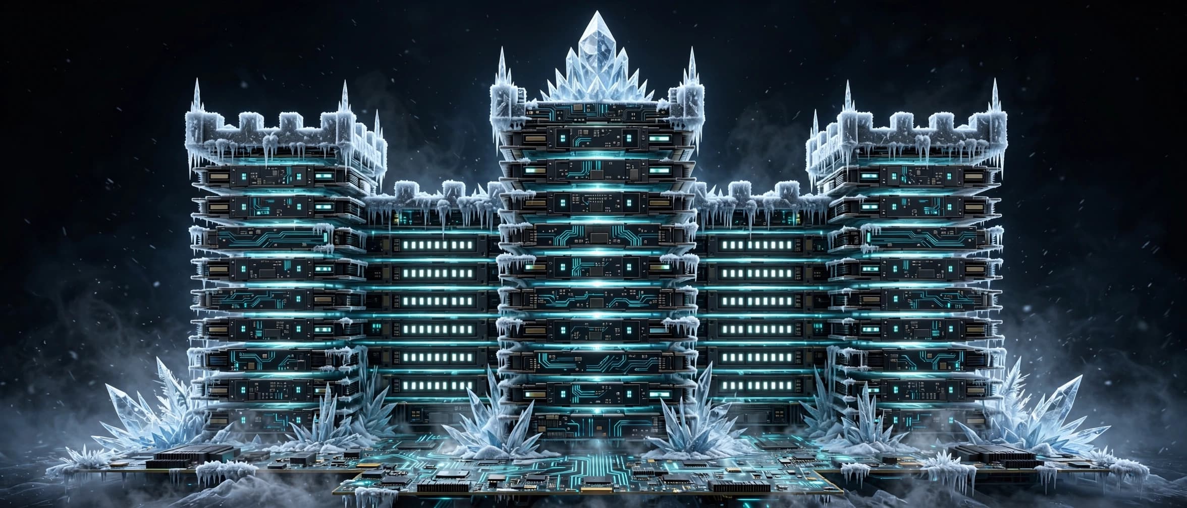 A stylized ice fortress built from layered GPU server modules with ice crystals and cyan circuit glow